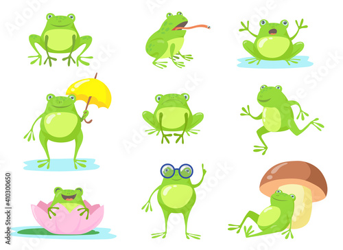 Cute frog in different poses flat character set. Cartoon funny green toad jumping, sitting, relaxing in pond, eating fly isolated vector illustration collection. Animals and amphibians concept