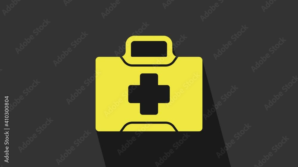 Yellow First aid kit icon isolated on grey background. Medical box with cross. Medical equipment for emergency. Healthcare concept. 4K Video motion graphic animation Yellow First aid kit icon isolated on grey background. Medical box with cross. Medical equipment for emergency. Healthcare concept. 4K Video motion graphic animation