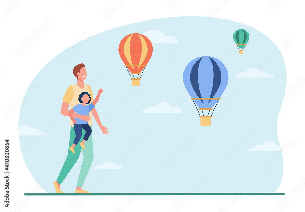 Happy dad and son looking at hot air balloons. Parent and kid, tourists sightseeing. Flat vector illustration. Travel, family, entertainment concept for banner, website design or landing web page Happy dad and son looking at hot air balloons. Parent and kid, tourists sightseeing. Flat vector illustration. Travel, family, entertainment concept for banner, website design or landing web page