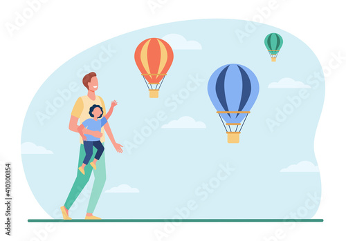 Happy dad and son looking at hot air balloons. Parent and kid, tourists sightseeing. Flat vector illustration. Travel, family, entertainment concept for banner, website design or landing web page