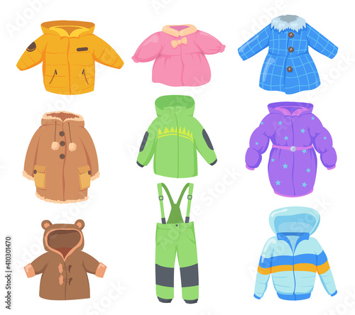 Winter clothes for kids set. Colorful warm coats, jackets, pants for children isolated on white background. Vector illustration for fashion store, sale, childhood concept