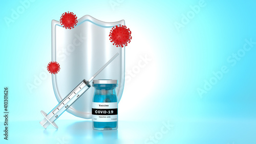 Принти на полотні Illustration of a bottle with a vaccine against the Covid-19 coronavirus, a syringe and a shield