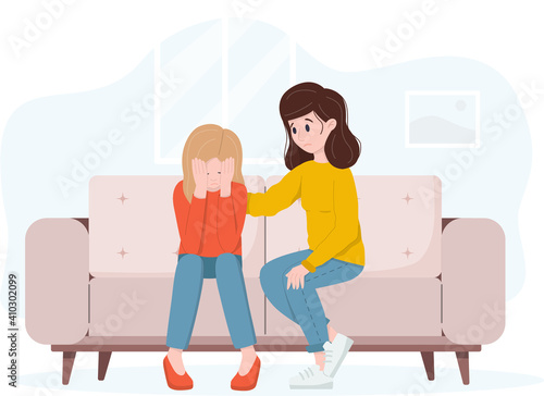 Woman support her crying friend. Friendly support concept and comforting friends.