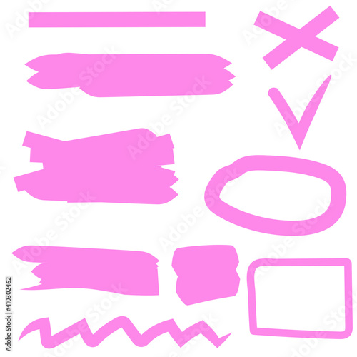 Abstract set on pink backdrop. Marker pen highlight. Isolated vector. Abstract pink strokes check marks. Stock image. EPS 10.