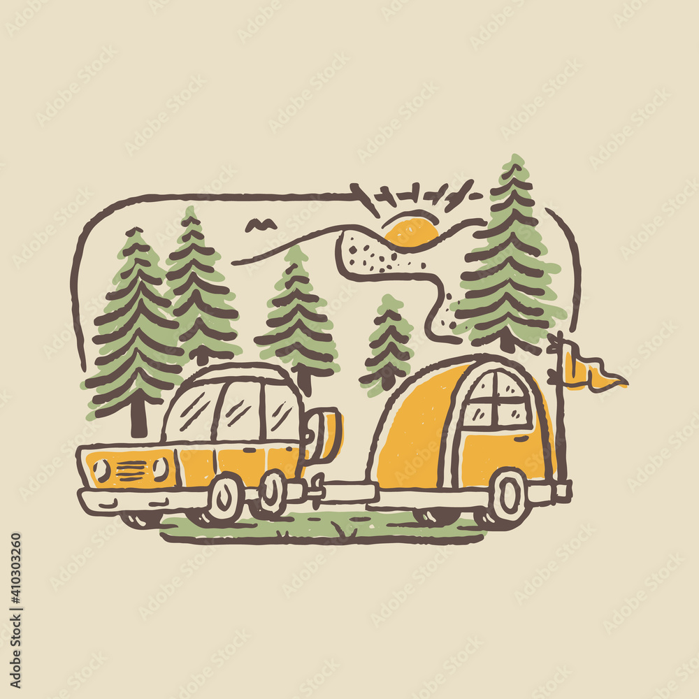 Camping nature adventure wild line badge patch pin graphic illustration vector art t-shirt design