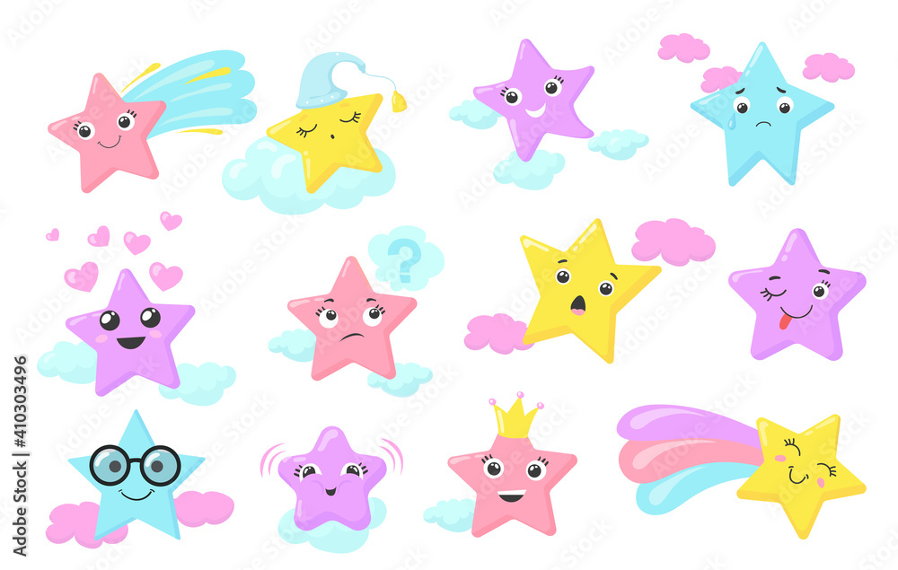 Colorful cute star in different poses flat illustration set. Cartoon twinkle star for children room isolated vector illustration collection. Night sky stickers and kawaii style concept