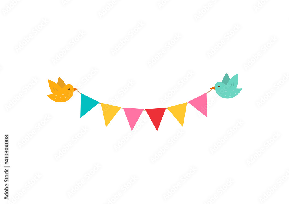 Obraz premium Birds holding colorful garland isolated on white background.