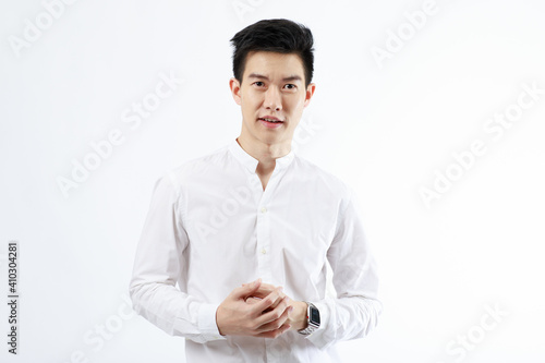Portrait of handsome and face man smile smiling, happy and self-confident positive expression, asian men on white background.