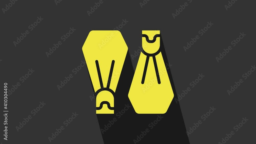 Yellow Rubber flippers for swimming icon isolated on grey background. Diving equipment. Extreme sport. Sport equipment. 4K Video motion graphic animation Yellow Rubber flippers for swimming icon isolated on grey background. Diving equipment. Extreme sport. Sport equipment. 4K Video motion graphic animation