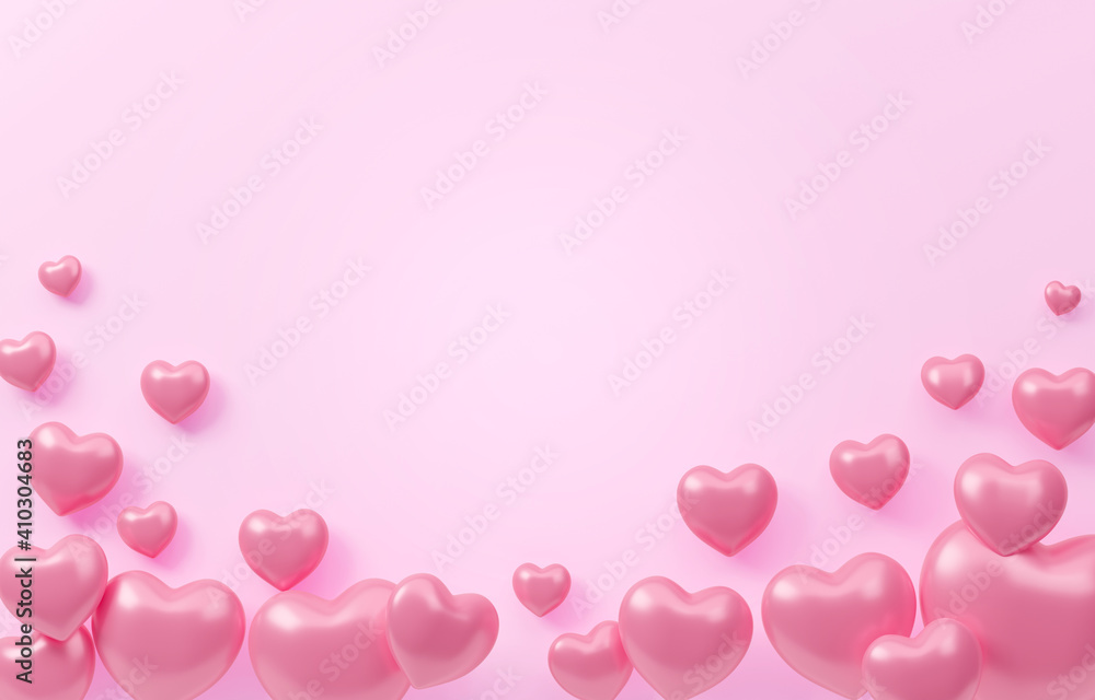 Valentines hearts with copy space on pink background. 3d illustration.
