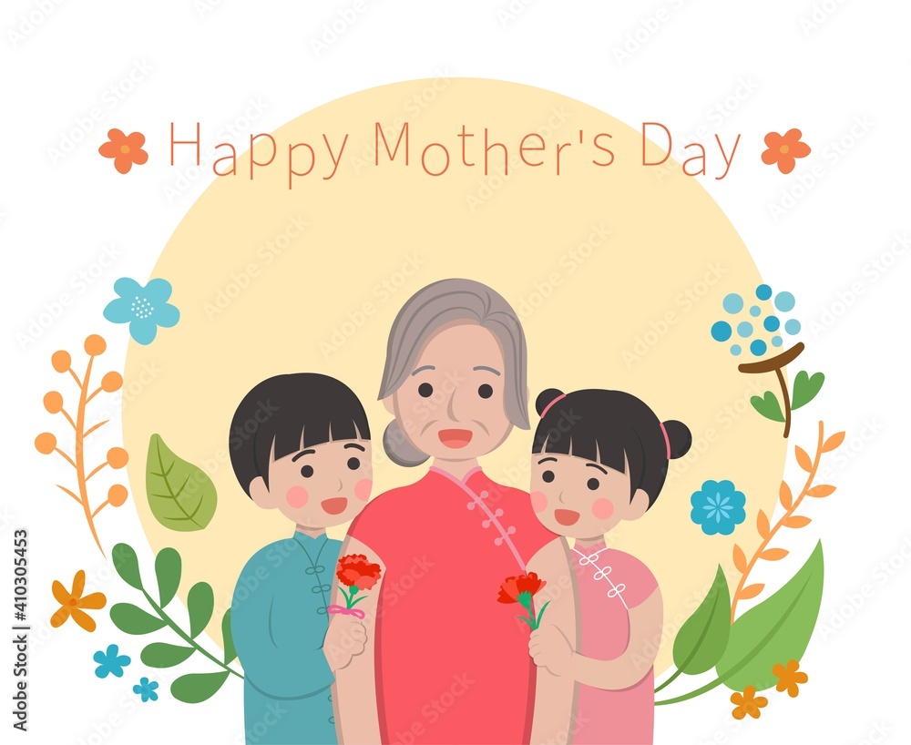 Mother's Day comic characters vector illustration, mother or grandmother with son and daughter celebrating holiday, card surrounded by flowers Mother's Day comic characters vector illustration, mother or grandmother with son and daughter celebrating holiday, card surrounded by flowers