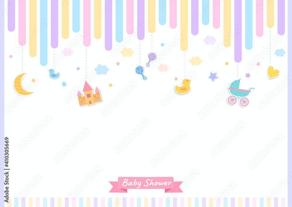 Baby shower with toys and symbol decorated with colorful stripe Baby shower with toys and symbol decorated with colorful stripe