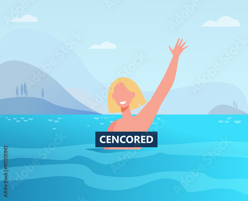 Happy woman enjoying bathing in sea. Topless, censored banner, nude person. Flat vector illustration. Naturists beach, lifestyle, vacation concept for banner, website design or landing web page photo
