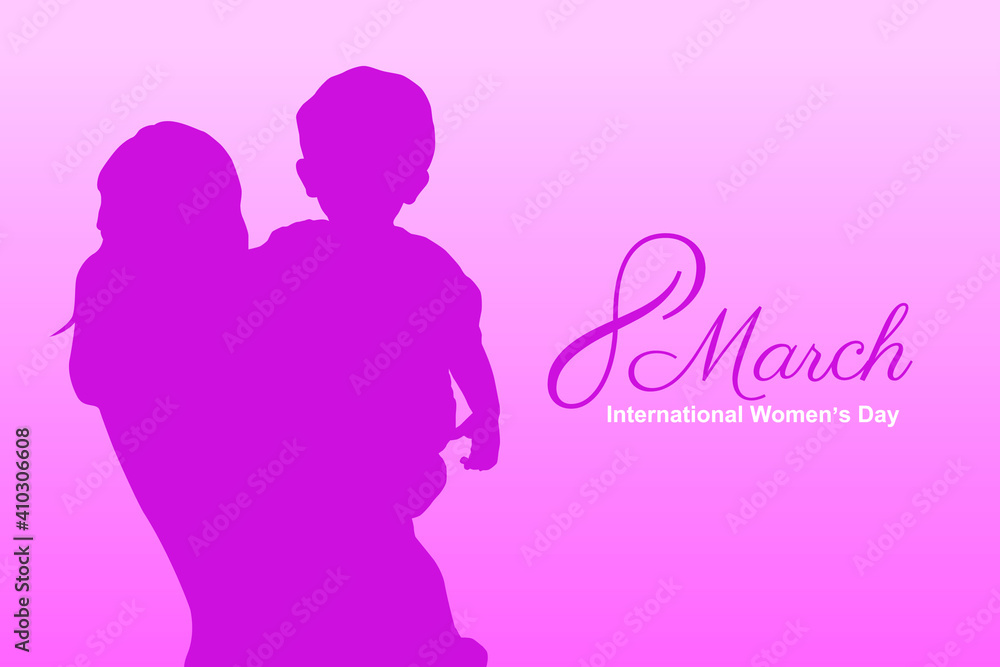 International women's day background with a silhouette of a woman holding a boy in her arms.
