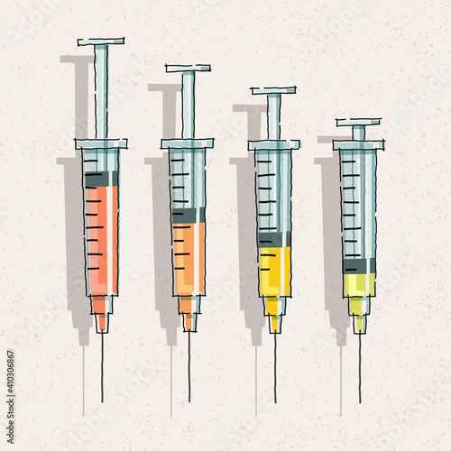 Set of 4 hand drawn vaccine syringes. Design elements for healthcare banners, posters, PSAs, social media designs. Covid 19 vaccines.Basic RGB