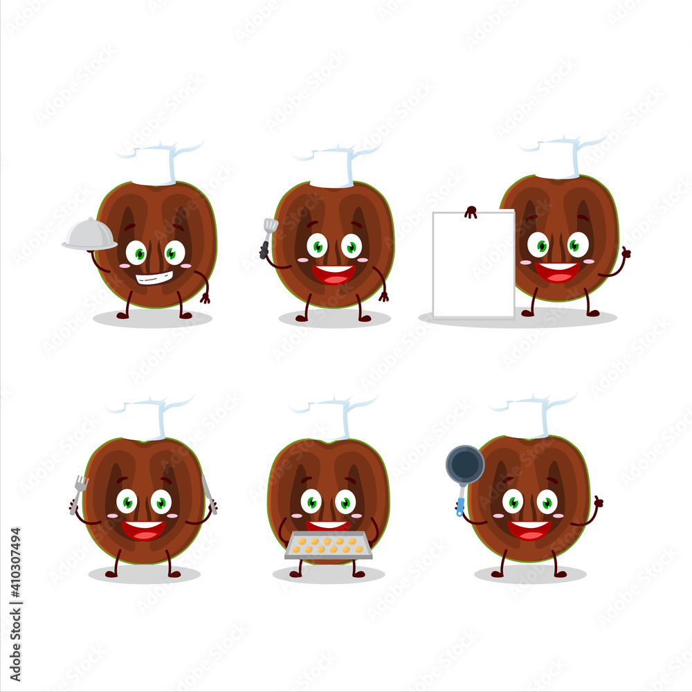 Cartoon character of slice of black sapote with various chef emoticons Cartoon character of slice of black sapote with various chef emoticons