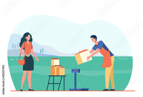 Person buying fresh farm food. Farmer selling fruits outdoors. Flat vector illustration. Organic food, farm market, shopping, harvest concept for banner, website design or landing web page
