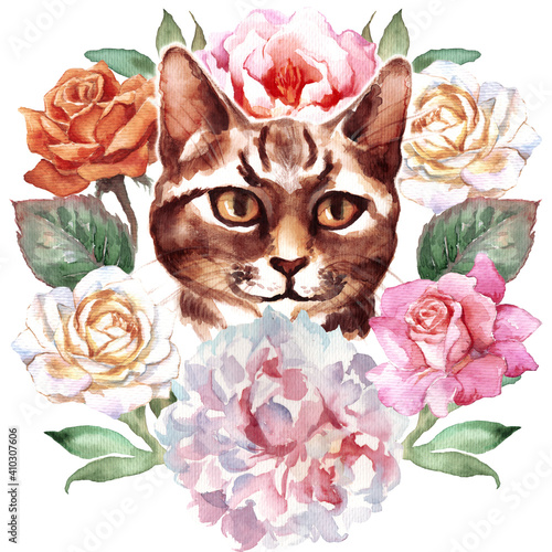 Hand-drawn watercolor cat with flower wreath