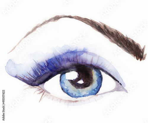 Hand-painted watercolor blue eye with makeup, eyebrow, eyelashes