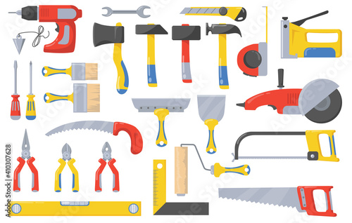 Construction tools set. Instruments for masonry works with concrete and brick, bricklayer job, hammer, screwdriver, drilling machine, paintbrush, spatula. For buildings, repair and renovation concept