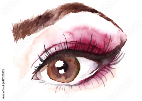Hand-painted watercolor brown eye with pink make up, eyebrow, eyelashes