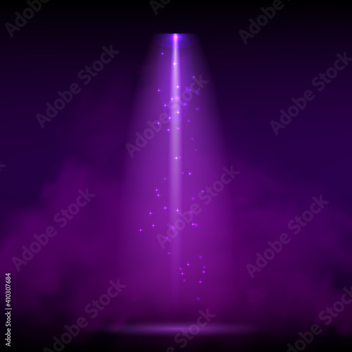 Purple spotlight. Bright lighting with spotlights of the stage with purple dust on dark background.