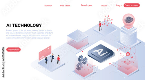 Artificial intelligence isometric landing page, ai technologies, glowing human brain levitate on antigravity platform with microcircuits on neon glowing futuristic background.