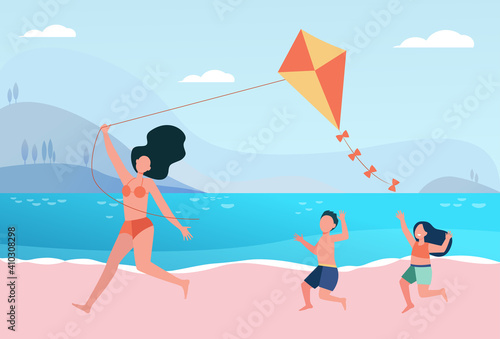 Happy mom with kids flying kite on beach. Family having fun at seaside. Flat vector illustration. Summer activity, leisure, vacation concept for banner, website design or landing web page