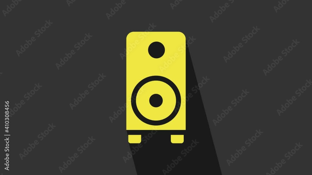 Yellow Stereo speaker icon isolated on grey background. Sound system speakers. Music icon. Musical column speaker bass equipment. 4K Video motion graphic animation Yellow Stereo speaker icon isolated on grey background. Sound system speakers. Music icon. Musical column speaker bass equipment. 4K Video motion graphic animation