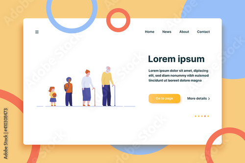 Grandparents and grandchildren standing in row. Aged people and little kids standing flat vector illustration. Life cycle, aging, generations concept for banner, website design or landing web page
