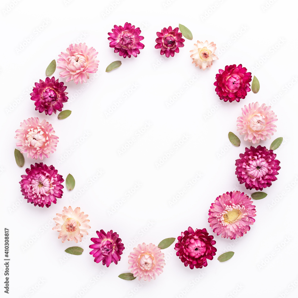 Flower composition. Frame made of dry flowers on white background. Flat lay. Top view. Copy space. Square - Image