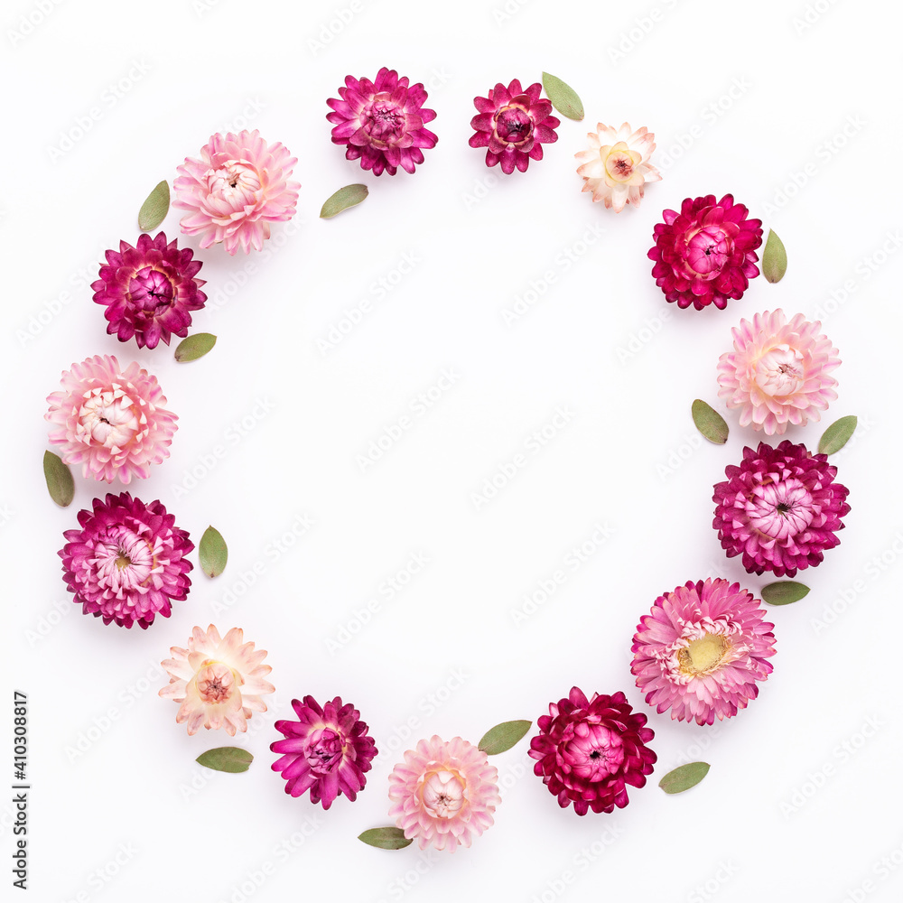 Flower composition. Frame made of dry flowers on white background. Flat lay. Top view. Copy space. Square - Image Flower composition. Frame made of dry flowers on white background. Flat lay. Top view. Copy space. Square - Image