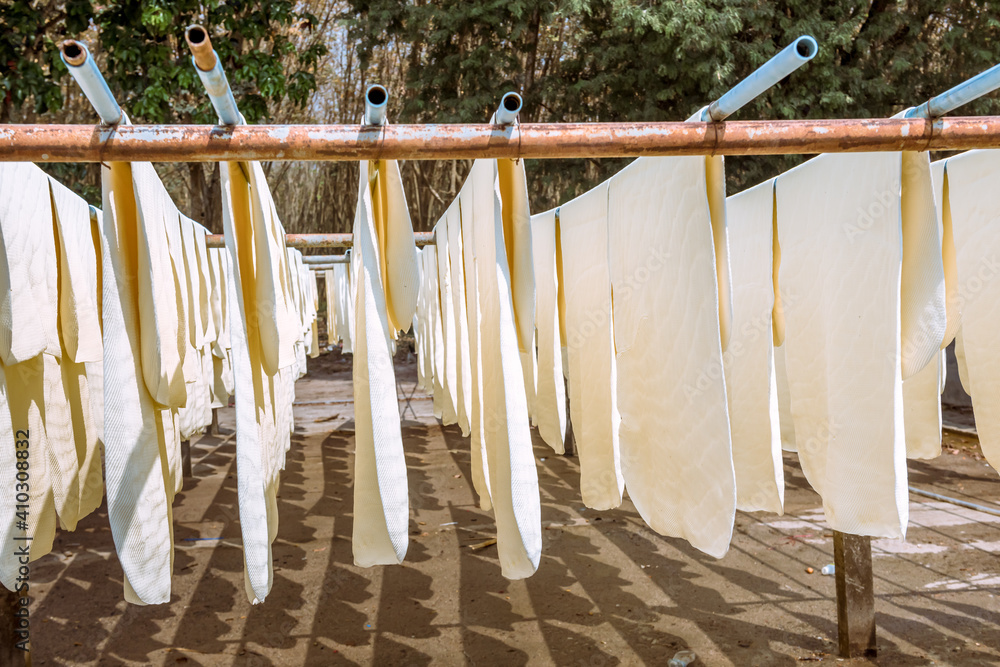 The farmer making rubber sheets hang on bamboo process dry by solar energy . A raw rubber latex