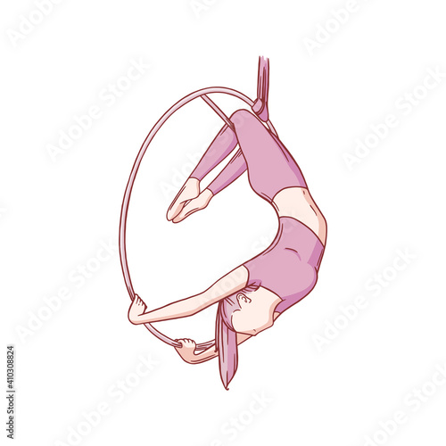 Aerial female gymnast in hoop. Aerial gymnastics stunt. Colored sketch vector illustration isolated on white background