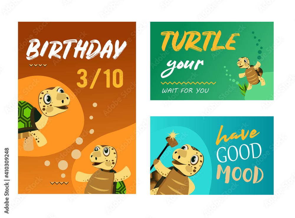 Fototapeta premium Trendy celebration party invitation designs with turtle. Creative birthday invitations with funny turtle. Marine wildlife and animals concept. Template for leaflet, banner or flyer