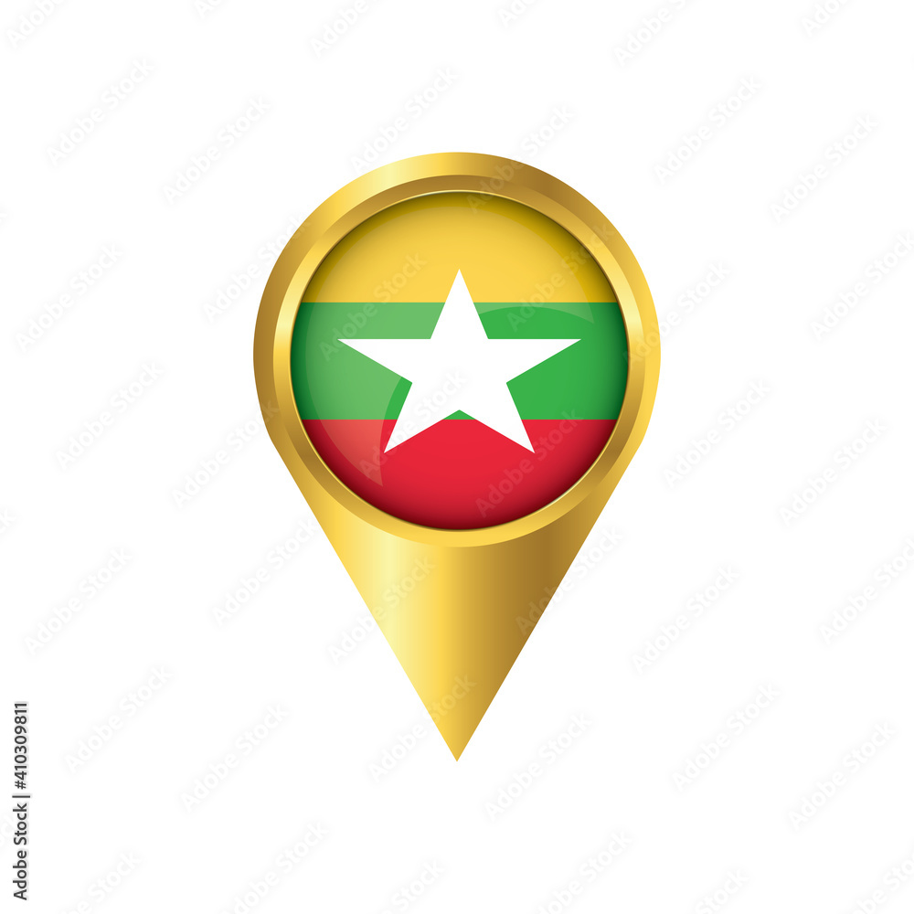 Flag of Myanmar.symbol check in Myanmar, golden map pointer with the national flag of Myanmar in the button. vector illustration. Flag of Myanmar.symbol check in Myanmar, golden map pointer with the national flag of Myanmar in the button. vector illustration.