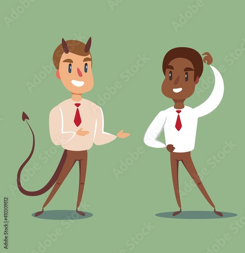 Devil and businessman. Business concept illustration of a businessman making a deal with devil. Vector flat design illustration.