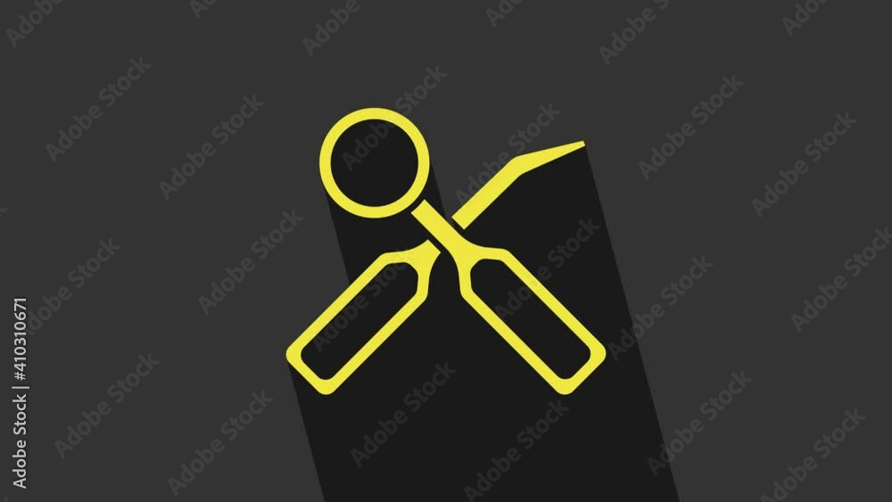 Yellow Dental inspection mirror and explorer scaler icon isolated on grey background. Tool dental checkup. 4K Video motion graphic animation Yellow Dental inspection mirror and explorer scaler icon isolated on grey background. Tool dental checkup. 4K Video motion graphic animation