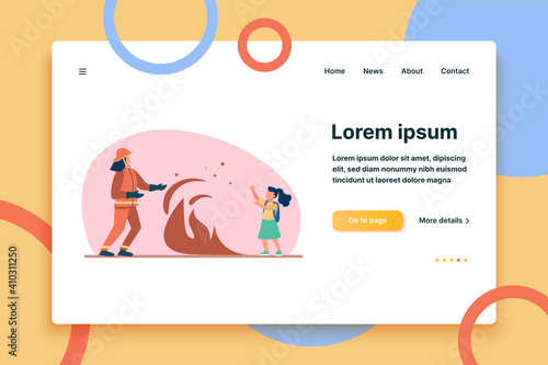 Firefighter saving girl life. Flame between firemen in protective suit and child with schoolbag flat vector illustration. Fire hazard, emergency concept for banner, website design or landing web page