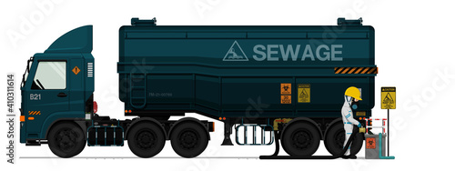 An industrial worker is releasing sewage on white background