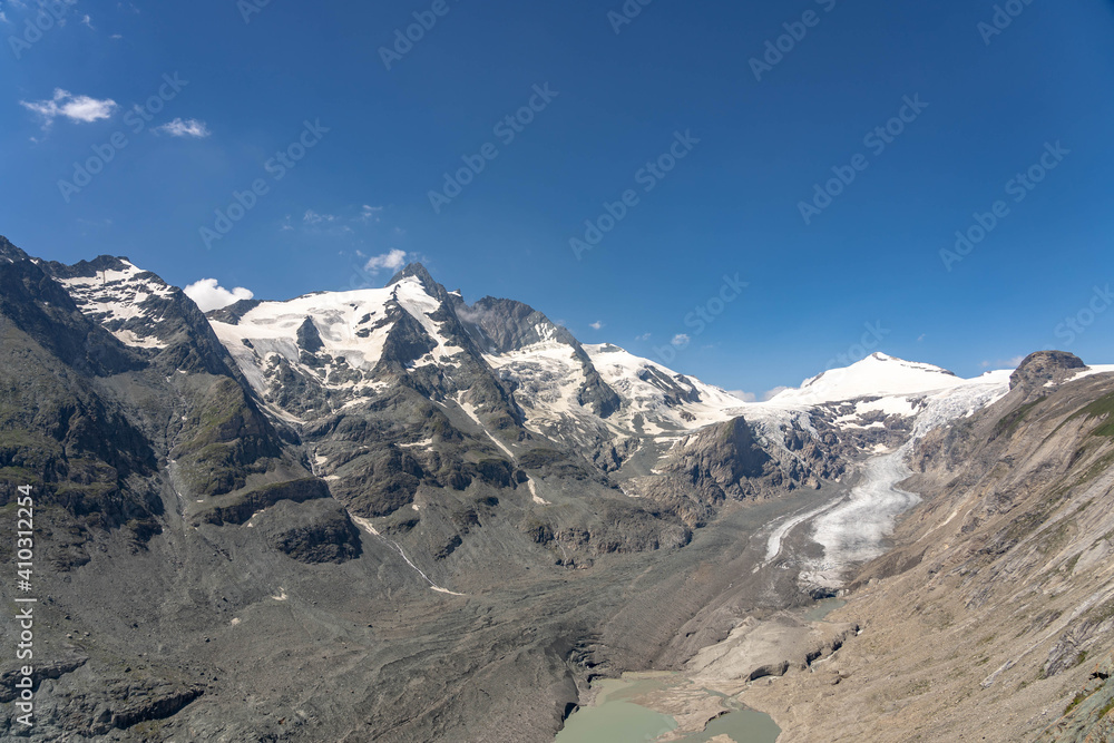 Snowy Grossglockner summit with Pasterze glacier from view point of kaiser-franz-josefs-hoehe in Austria