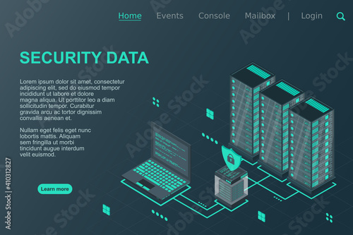 Data security isometric illustration. Illustration of a server laptop and firewall. Isometric technology. Vector illustration