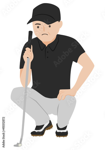 ゴルフをしてる男性のイラスト。グリーン上でカップまでのラインを見ている男性。