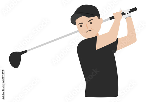 ゴルフをしてる男性のイラスト。ドライバーを使ってスイングしてる男性。