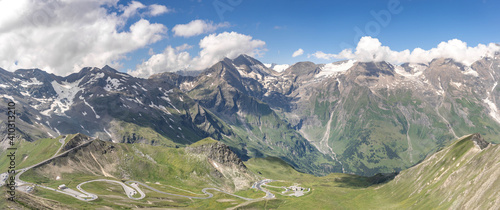 Panoramic view of serpentine high alpine road on Grossglockner mounain from Edelweissspitze in Austria