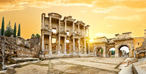 Panorama of a Library of Celsus in Ephesus at sunset