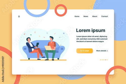 Happy men sitting together and using gadgets. Meeting of friends, pc, devices flat vector illustration. Communication, internet addiction concept for banner, website design or landing web page