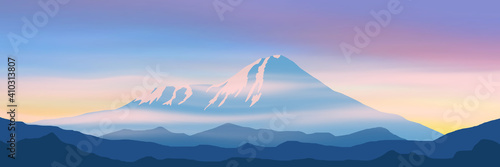 Fantasy on the theme of the morning landscape. Sunrise in the mountains, panoramic view. Volcanoes of Kamchatka.