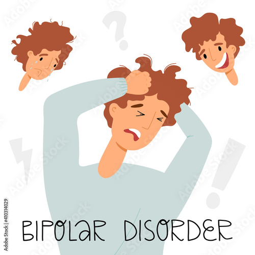 Bipolar disorder, a split personality concept. A man's scramble between of two polar states - euphoria and sorrow.