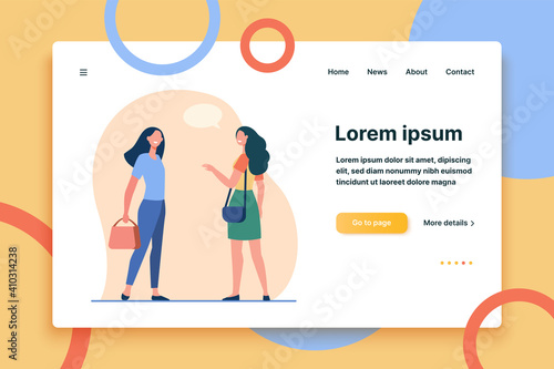 Happy friendly women talking outside. Female friends accidental meeting flat vector illustration. Communication, public place concept for banner, website design or landing web page